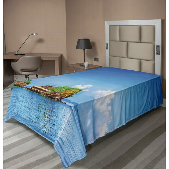Ambesonne Exotic Flat Sheet, Idyllic Tropic Islands, Twin Size, Blue White