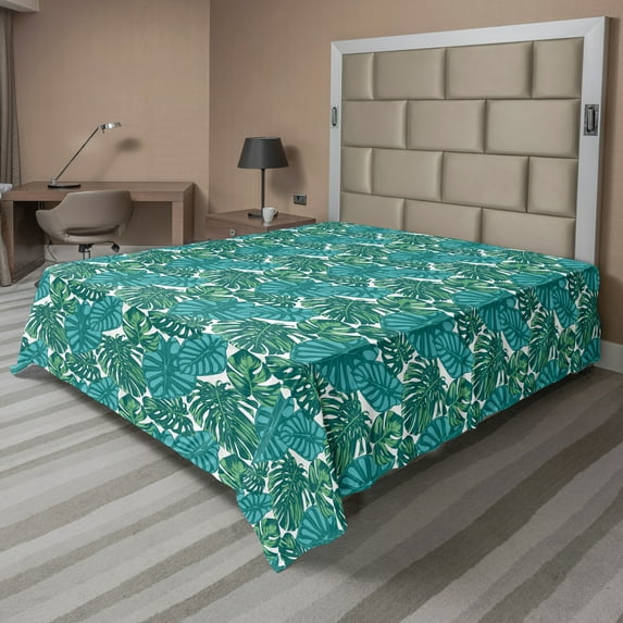 Ambesonne Exotic Flat Sheet, Jungle Foliage Tropic Leaves, California King, Teal Dark Teal