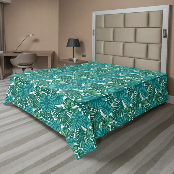 Ambesonne Exotic Flat Sheet, Jungle Foliage Tropic Leaves, King Size, Teal Dark Teal