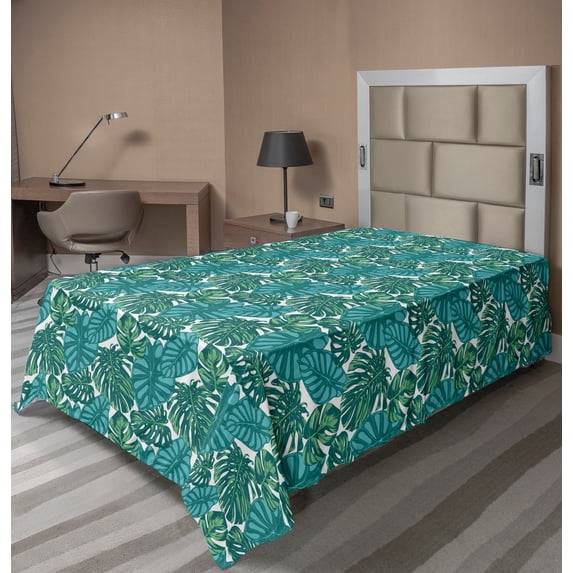Ambesonne Exotic Flat Sheet, Jungle Foliage Tropic Leaves, TwinXL Size, Teal Dark Teal