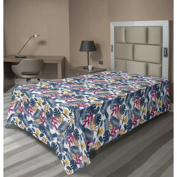 Ambesonne Exotic Flat Sheet, Leaves and Bird of Heaven, Twin Size, Sky Blue Multicolor