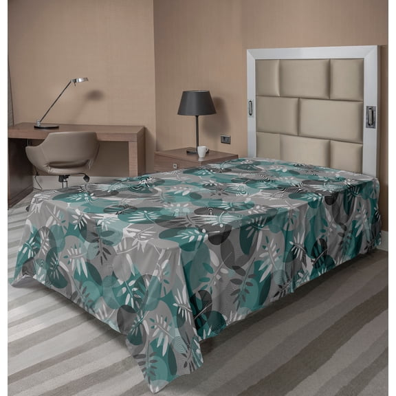 Ambesonne Exotic Flat Sheet, Leaves with Circle Spirals, Twin Size, Hunter Green and Grey