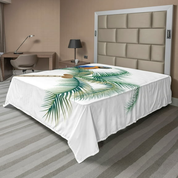 Ambesonne Exotic Flat Sheet, Parrot Coconut Palms, California King, White Brown Green