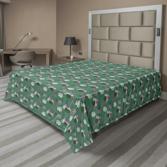 Ambesonne Exotic Flat Sheet, Parrot and Monstera Leaves, King Size, Jade Green Fuchsia