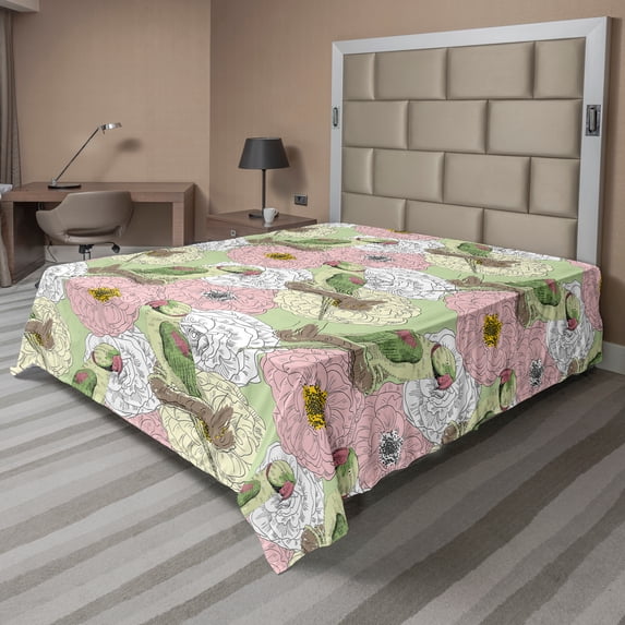 Ambesonne Exotic Flat Sheet, Parrots and Tropical Flowers, Full Size, Pale Green and Multicolor