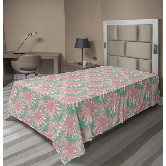 Ambesonne Exotic Flat Sheet, Pastel Abstracted Leaves, Twin Size, Blush Seafoam