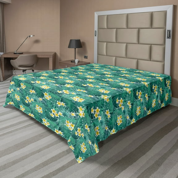 Ambesonne Exotic Flat Sheet, Plumeria Palm Leaves Art, King Size, Sea Green Yellow