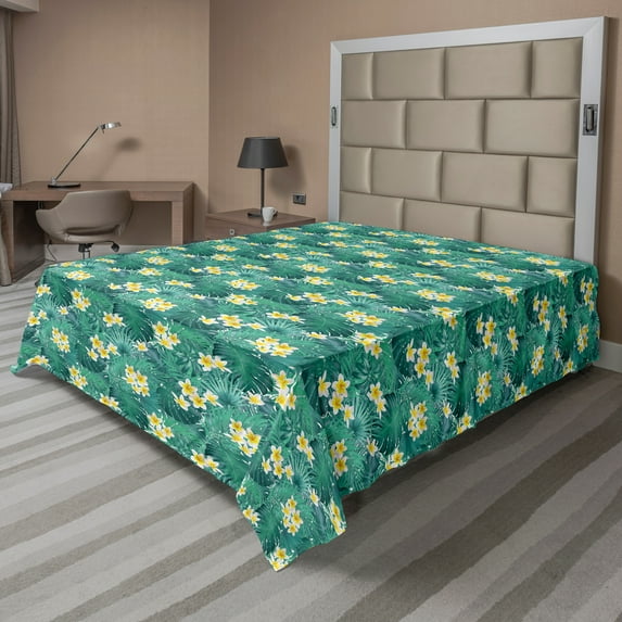 Ambesonne Exotic Flat Sheet, Plumeria Palm Leaves Art, Queen Size, Sea Green Yellow