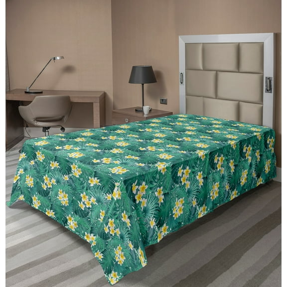 Ambesonne Exotic Flat Sheet, Plumeria Palm Leaves Art, TwinXL Size, Sea Green Yellow