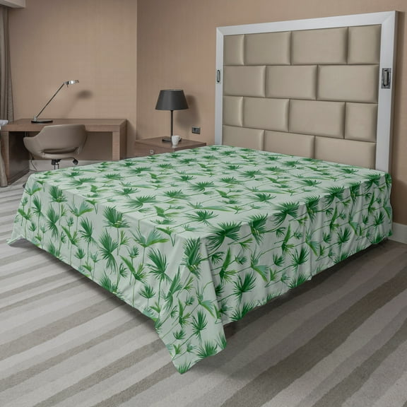Ambesonne Exotic Flat Sheet, Scattered Palm Leaves Design, Full Size, Laurel Green Fern Green