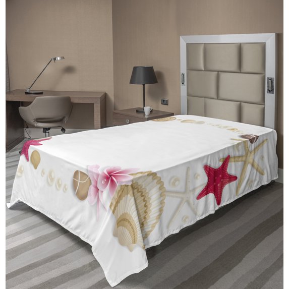 Ambesonne Exotic Flat Sheet, Seashells Flower Star, TwinXL Size, Beige Fuchsia