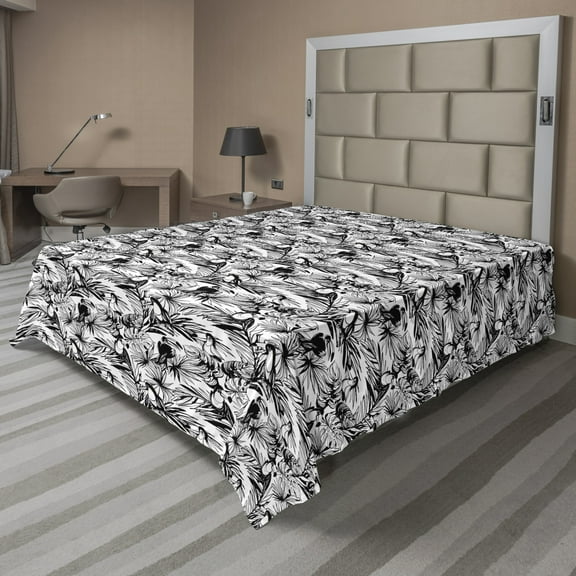 Ambesonne Exotic Flat Sheet, Sketchy Palm Leaves Toucans, Queen Size, Charcoal Grey and White
