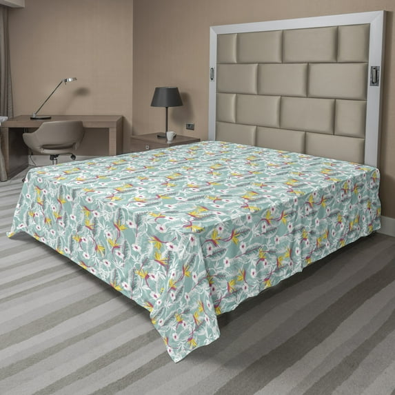 Ambesonne Exotic Flat Sheet, Strelitzia Hibiscus Palmatia, Queen Size, Pale Teal Mustard Coral