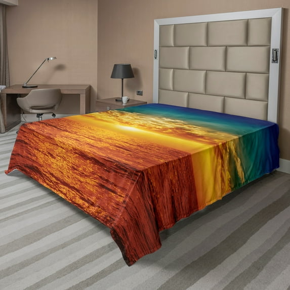 Ambesonne Exotic Flat Sheet, Sunset Seaside Clouds, King Size, Multicolor