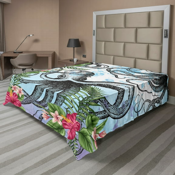 Ambesonne Exotic Flat Sheet, Tropic Hibiscus and Octopus, California King, Multicolor