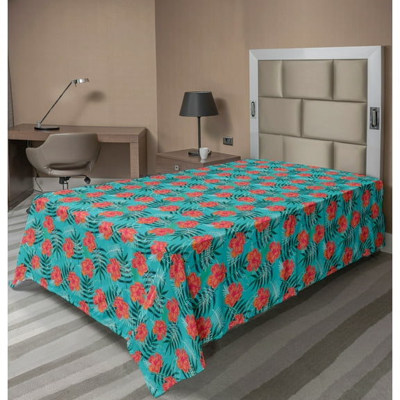 Ambesonne Exotic Flat Sheet, Tropic Summer Hibiscus Flora, TwinXL Size, Seafoam Coral