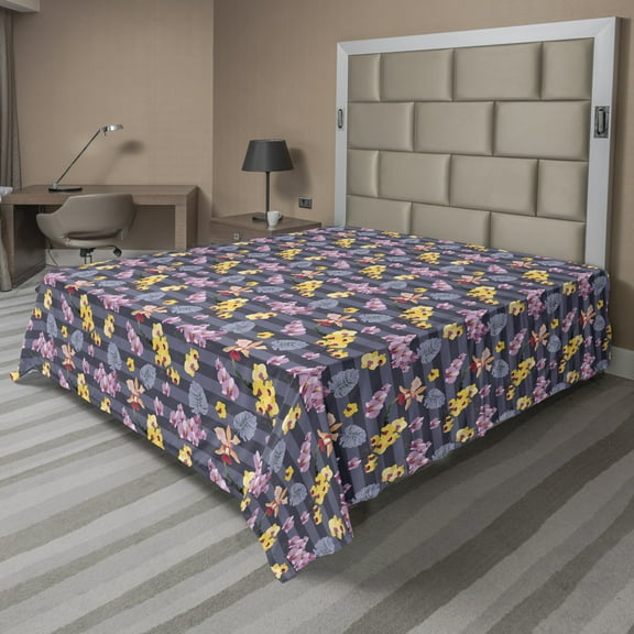 Ambesonne Exotic Flat Sheet, Tropical Blooming Foliage, California King, Mustard and Dark Blue Grey