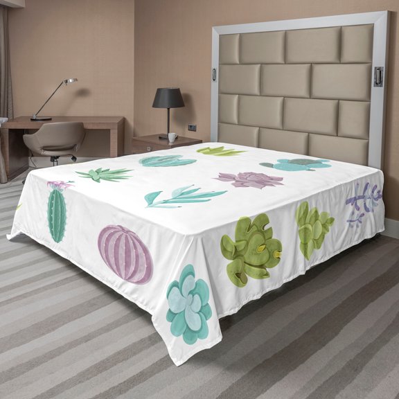 Ambesonne Exotic Flat Sheet, Tropical Desert Botanical, King Size, Green and Turquoise