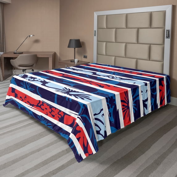 Ambesonne Exotic Flat Sheet, Tropical Hibiscus Beach, King Size, Pale Blue Indigo Red