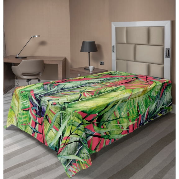 Ambesonne Exotic Flat Sheet, Tropical Layout of Leaves, TwinXL Size, Coral Green Pale Green
