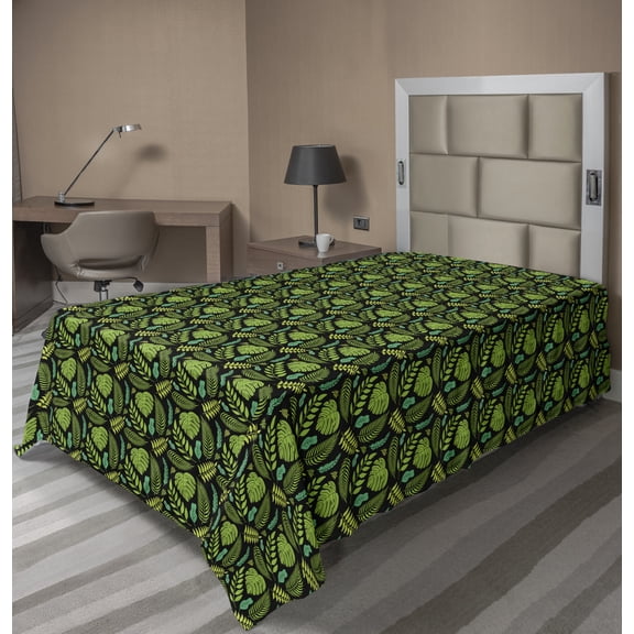 Ambesonne Exotic Flat Sheet, Tropical Leaves, TwinXL Size, Charcoal Grey Lime Green