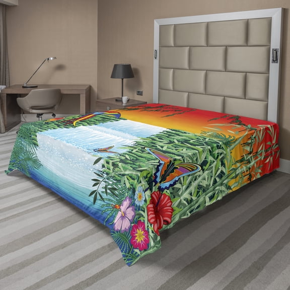 Ambesonne Exotic Flat Sheet, Tropical Parrots Waterfall, King Size, Lime Green and Multicolor