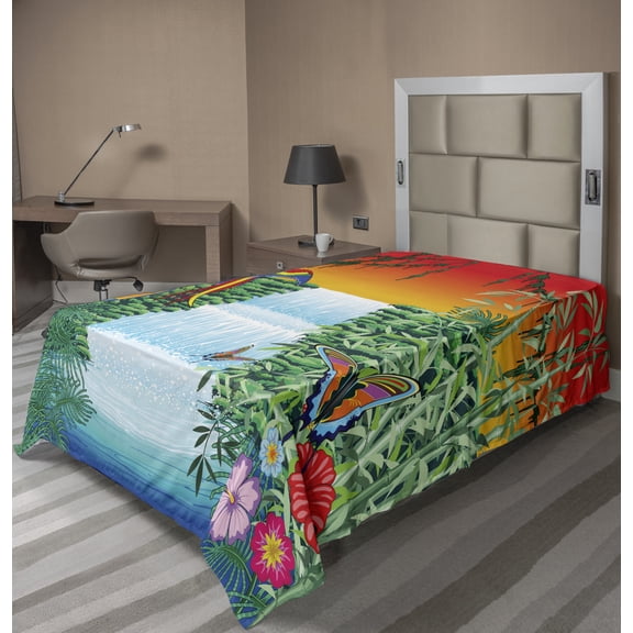 Ambesonne Exotic Flat Sheet, Tropical Parrots Waterfall, TwinXL Size, Lime Green and Multicolor