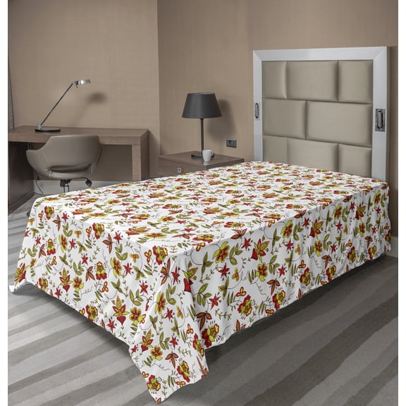 Ambesonne Exotic Flat Sheet, Vintage Fall Flowers, Twin Size, Red Yellow White