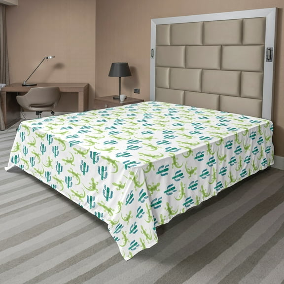 Ambesonne Exotic Flat Sheet, Watercolor Lizards and Cacti, King Size, Sea Blue Lime Green