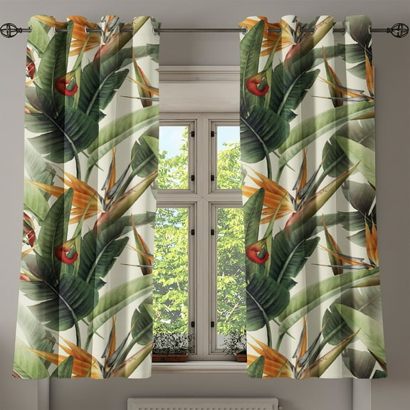Ambesonne Exotic Grommet Curtain, Bird Flowers Tropical Design, 50"x60", Marigold Green Eggshell