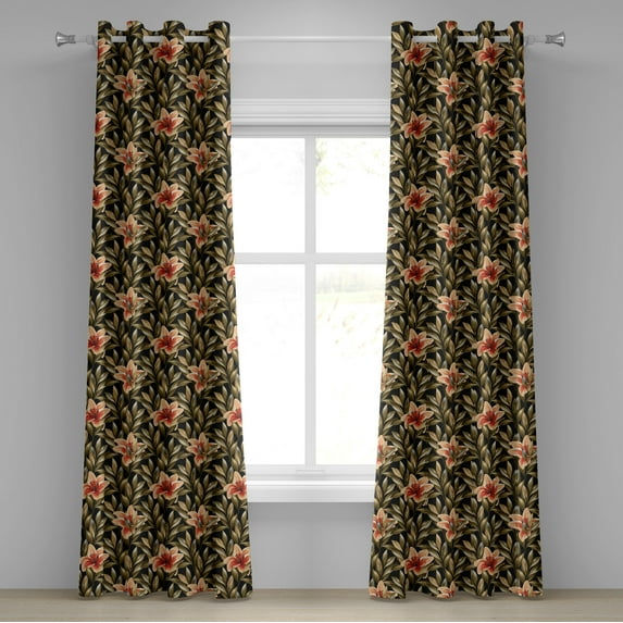 Ambesonne Exotic Grommet Curtain, Lilium Flowers Tropical Art, 50"x84", Pale Salmon Army Green