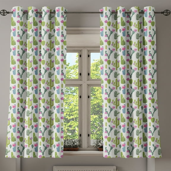 Ambesonne Exotic Grommet Curtain, Saguaro Plant Floral, 50" x 63", Lime Green and Slate Blue