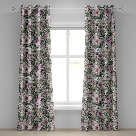 Ambesonne Exotic Grommet Curtain, Vintage Hibiscus Floral Art, 50"x96", Olive Green and Pink