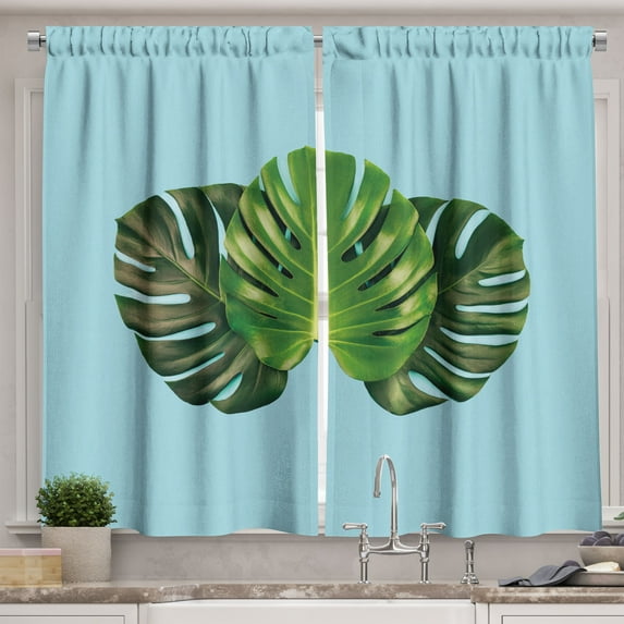 Ambesonne Exotic Jungle Kitchen Curtains, Monstera Leaves Print, 55"x30", Dark Green Pale Blue