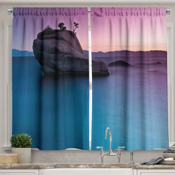 Ambesonne Exotic Kitchen Curtains, Bonsai Rock Lake Tahoe, 55"x45", Purple Grey Blue