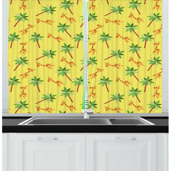 Ambesonne Exotic Kitchen Curtains, Giraffe Palm Trees Motifs, 55"x45", Pastel Yellow Multicolor
