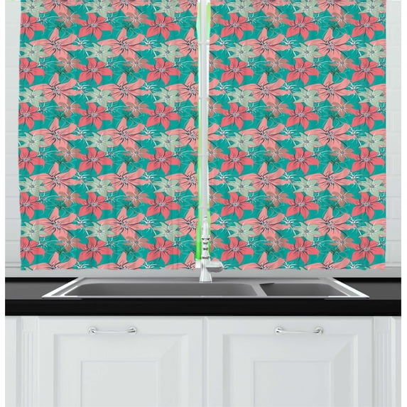 Ambesonne Exotic Kitchen Curtains, Shabby Jungle Blooms Image, 55"x45", Coral Turquoise