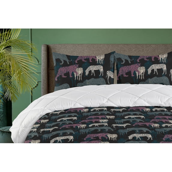 Ambesonne Exotic Life Down Alternative Quilt Comforter, Wild Zebra Tiger Jungle, Twin XL, Charcoal Grey Pale Ruby