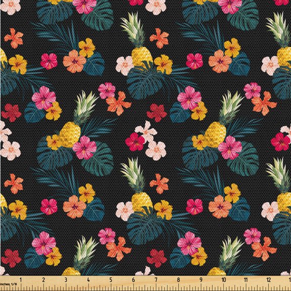 Ambesonne Exotic Life Fabric by the Yard Upholstery, Summer Jungle Greenery, 1 Yard, Sea Blue Magenta Mustard