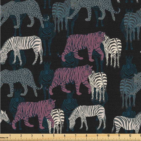 Ambesonne Exotic Life Fabric by the Yard Upholstery, Wild Zebra Tiger Jungle, 2 Yards, Charcoal Grey Pale Ruby