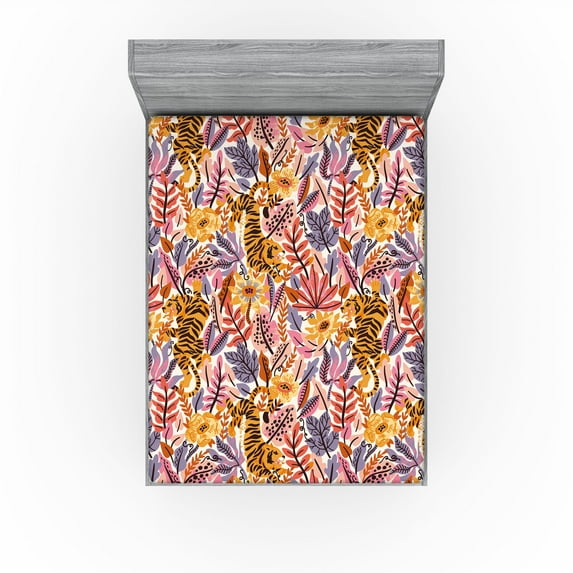 Ambesonne Exotic Life Fitted Sheet, Tropical Leaves Tiger, King Size, Coral Marigold Pale Pink