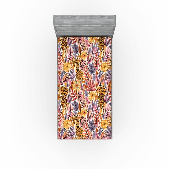 Ambesonne Exotic Life Fitted Sheet, Tropical Leaves Tiger, Twin Size, Coral Marigold Pale Pink