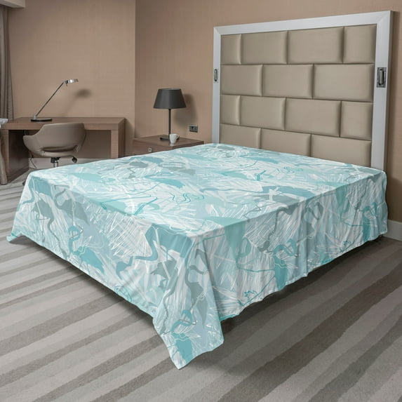 Ambesonne Exotic Life Flat Bedding Sheet Soft Top Sheet, Boho Vibe Flamingo Leaf, King, Dark Cadet Blue Off White