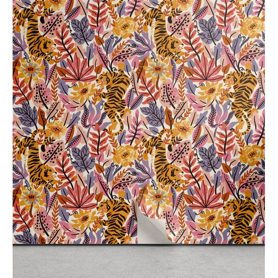 Ambesonne Exotic Life Peel & Stick Wallpaper for Home, Tropical Leaves Tiger, 13"x72", Coral Marigold Pale Pink