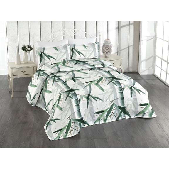 Ambesonne Exotic Pattern Quilted Bedspread Set 3 Pcs, Forest Aura Leaves, Queen, Reseda Green White