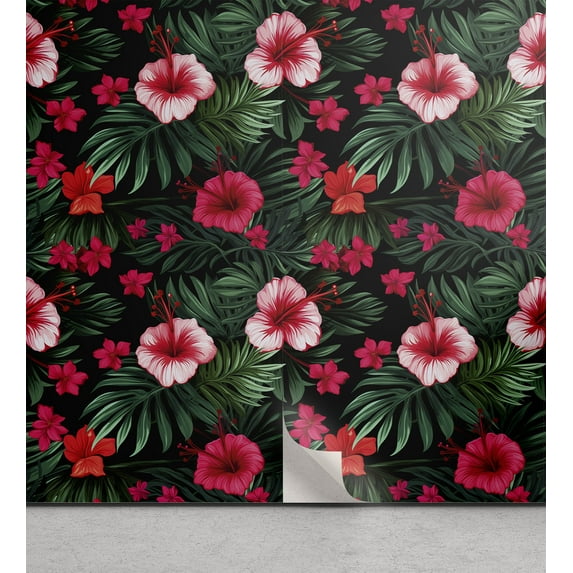 Ambesonne Exotic Peel & Stick Wallpaper for Home, Aloha Leaves Hibiscus Floral, 13"x72", Dark Coral Green Black