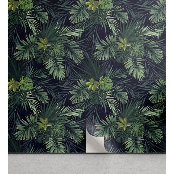 Ambesonne Exotic Peel & Stick Wallpaper for Home, Botany Leaves Pattern Summer, 13"x100", Navy Blue and Fern Green