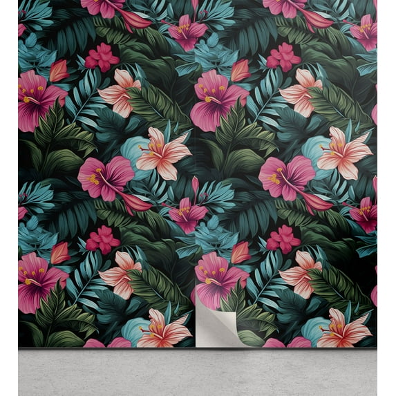 Ambesonne Exotic Peel & Stick Wallpaper for Home, Leafy Hibiscus Flowers Dream, 13"x72", Pale Blue Pink Green