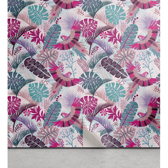 Ambesonne Exotic Peel & Stick Wallpaper for Home, Monstera Leaves Ethnic Bird, 13"x100", Magenta Cadet Blue Plum