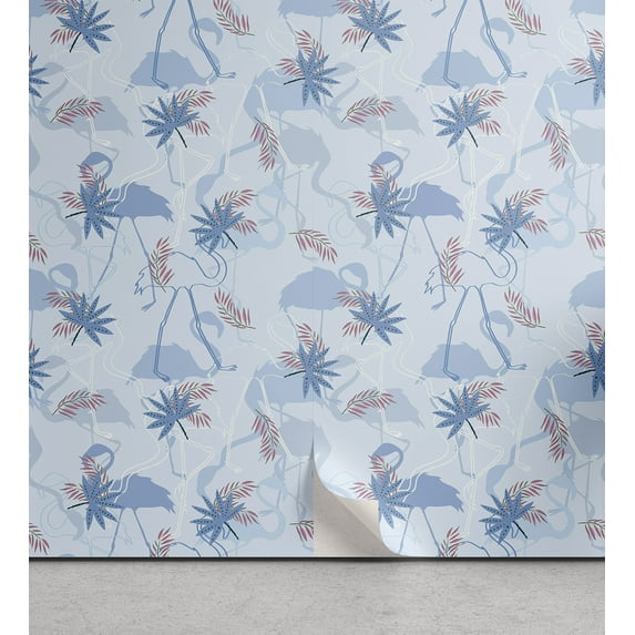 Ambesonne, Exotic Peel & Stick Wallpaper for Home, Summer Hawaiian Leaves Print, 13"x36", Pale Blue Ceil Blue Pink